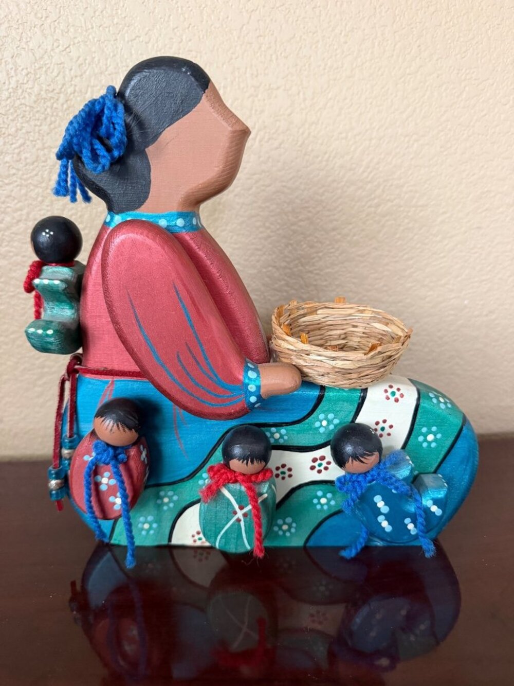 1991 Wooden Storyteller Figure Native American Southwest Folk Art Basket